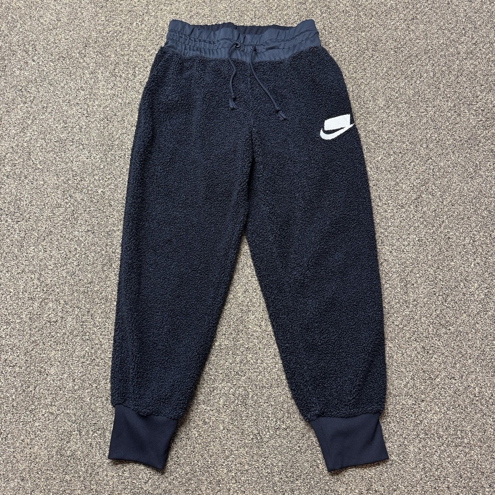 Nike Sweatpants Large Sherpa Fleece Joggers Swoosh Navy Blue 941903-475